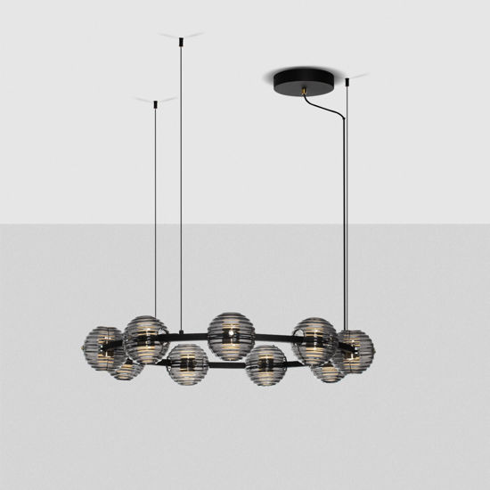 Grande lampadario led moderno per salone nero vetri fume