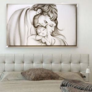 Quadro capezzale sacra famiglia toni chiari cornice bianca 114x70