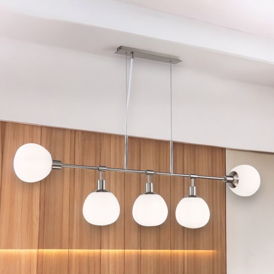 Lampadario design moderno nichel sfere vetro bianco per soggiorno