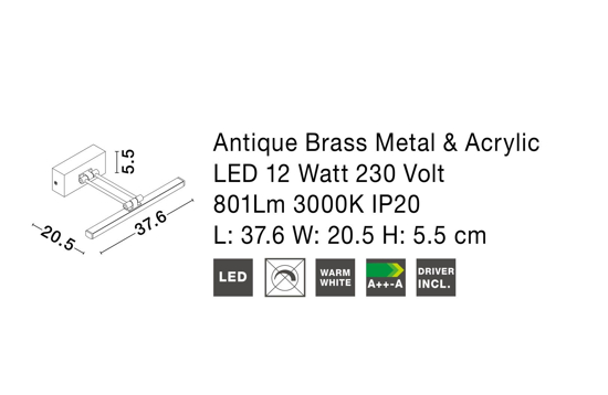 Applique per specchio da bagno 12w 3000k squadrato nickel