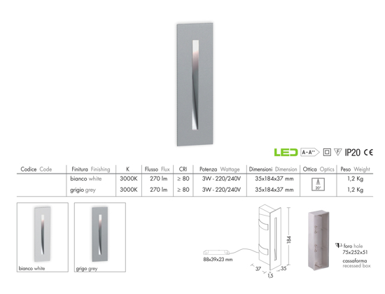 Segnapasso led da incasso a parete 3w 3000k grigio per scale gradini