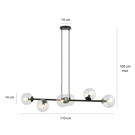 Lampadario per soggiorno moderno nero sfere vetro trasparente