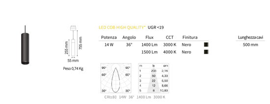 Ideal lux arca pendat faretto a sospensione led 14w 4000k per binario monofase 48v ottica 36