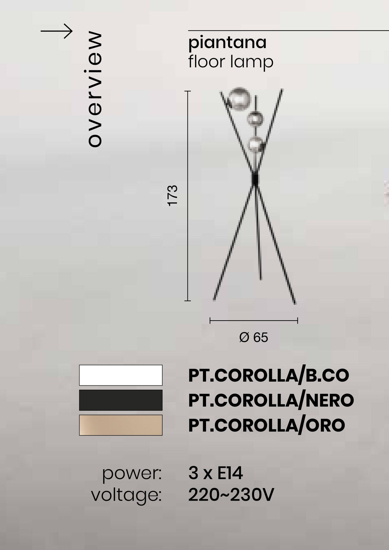 Piantana moderna corolla ondaluci tre piedi metallo nero sfere vetro per soggiorno