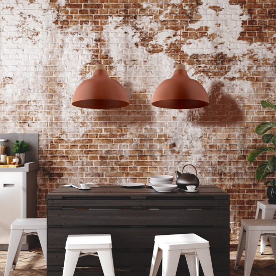 Lampadario per cucina cupola colore mattone legno pino