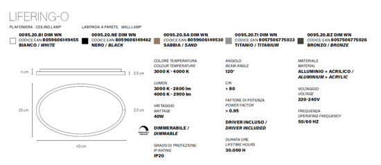 Vivida lifering-o plafoniera titanio led 40w 3000k 4000k dimmerabile