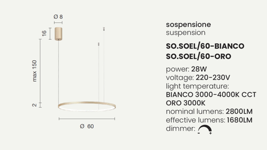 Lampadario moderno cerchio oro 28w 3000k dimmerabile ondaluce soel