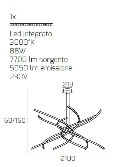 Lampadario moderno nero led 88w 3000k tornado toplight