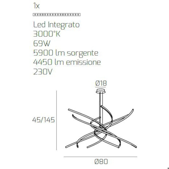 Lampadario moderno led 69w 3000k bianco toplight tornado