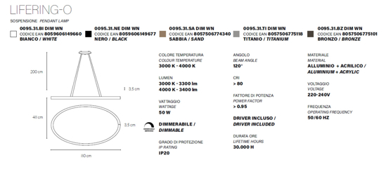 Lampadario vivida lifering-o moderno anello titanio led 50w 3000k 4000k dimmerabile