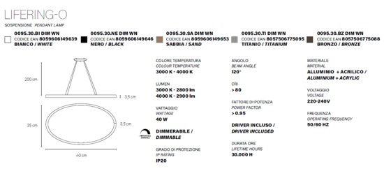 Vivida lifering-o nero lampadario ad anello led 40w 3000k 4000k dimmerabile