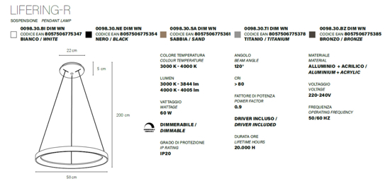 Lampadario vivida lifering moderno rotondo bronzo led 60w 3000k 4000k dimmerabile