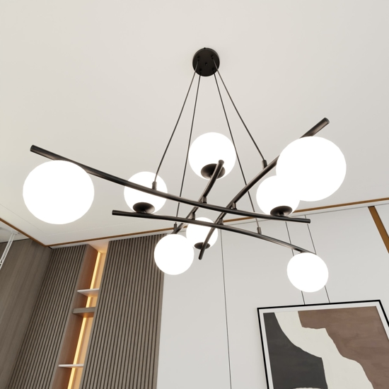 Lampadario design per soggiorno nero sfere vetro bianco