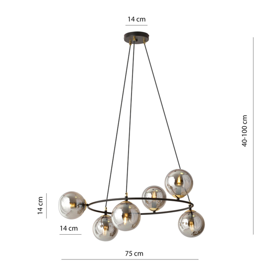 Lampadario per soggiorno moderno 6 sfere vetro fume