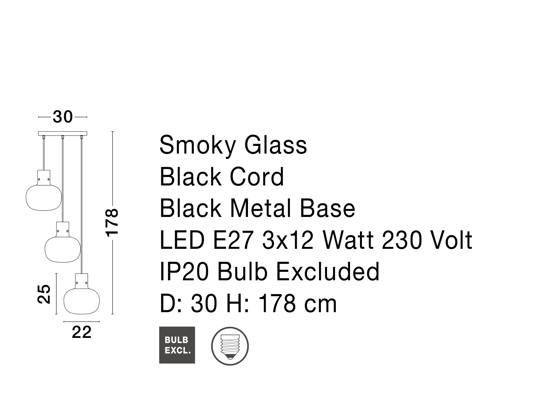 Lampadario per soggiorno moderno grappolo 3 luci vetr grigio