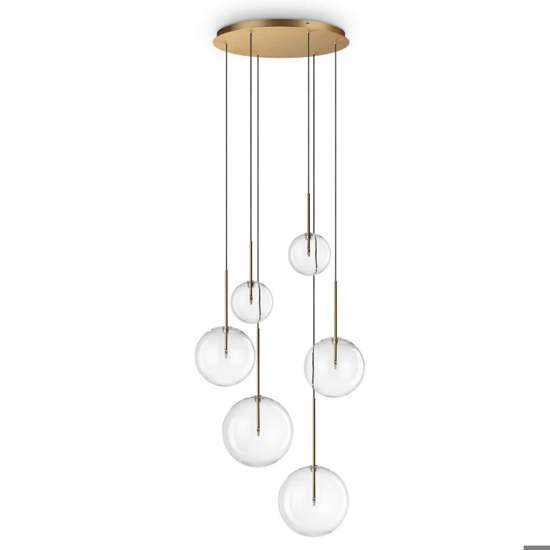 Ideal lux equinoxe sp6 lampadario dorato bocce vetro ottone