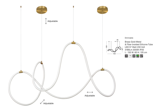 Lampadario oro a sospensione tubo led silicone per soggiorno moderno