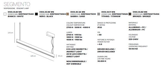 Lampadario orizzontale da cucina bianco led 36w cct vivida segmento