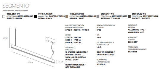 Vivida lampadario segmento bianco per tavolo cucina led 40w cct