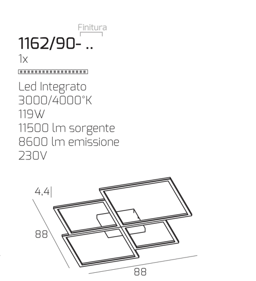 Plafoniera led toplight four squares nera 119w 3000k 4000k