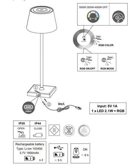 Lampada da tavolo senza fili per esterno led cct rgb dimmerabile bianca