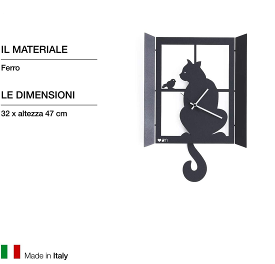 Orologio da parete gatto alla finestra nero con pendolo