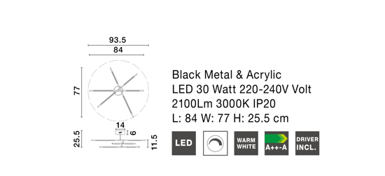 Plafoniera bacchette led 30w 3000k moderna nera per soggiorno