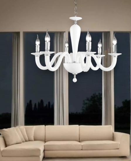 Lampadario classico ravel ondaluce vetro 6 bracci bianco