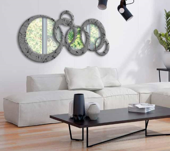 Grande specchio design moderno da parete cerchi decorati trama nero grigio