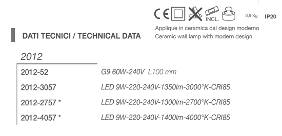 Applique led 9w 3000k moderna design bianco ceramica