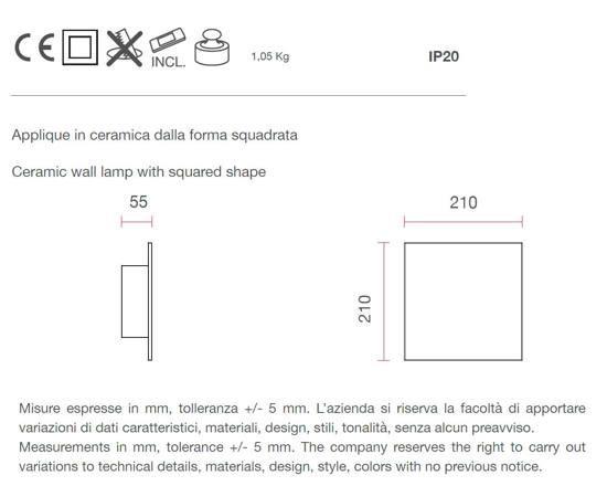 Applique ceramica gesso led 18w quadrato 2700k bianca pitturabile