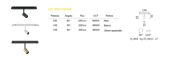 Ego ideal lux faretto led osram 3w 30000k ottone satinato orientabile per binario monofase 48v