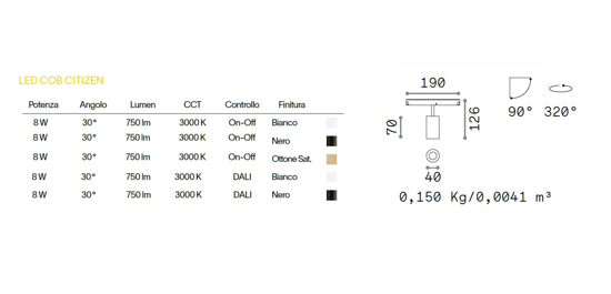 Ideal lux faretto led 8w bianco orientabile magnetico osram per binario monofase 48v