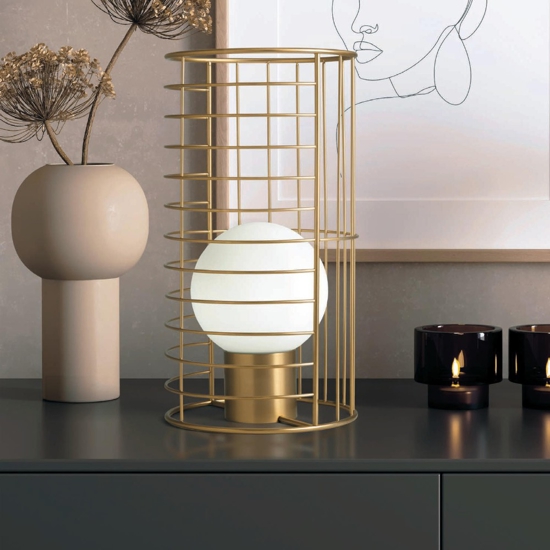 Lampada da tavolo oro sfera vetro bianco design moderno per soggiorno