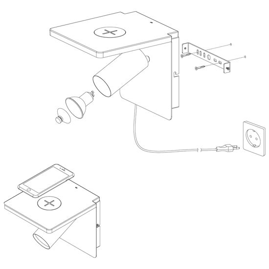 Applique da comodino nero con caricatore wireless