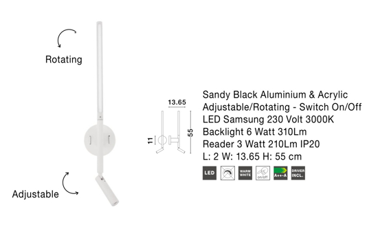 Applique bianco per comodino led 6w 3000k orientabile