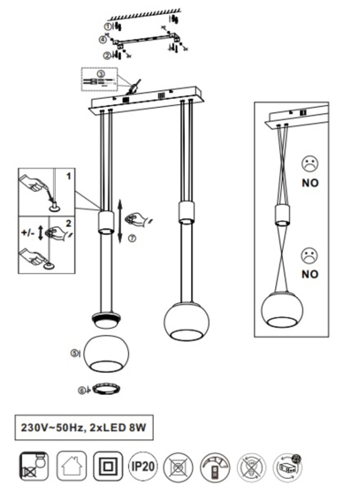 Lampadario a sospensione 2 luci per cucina nero led 16w 3000k dimmerabile