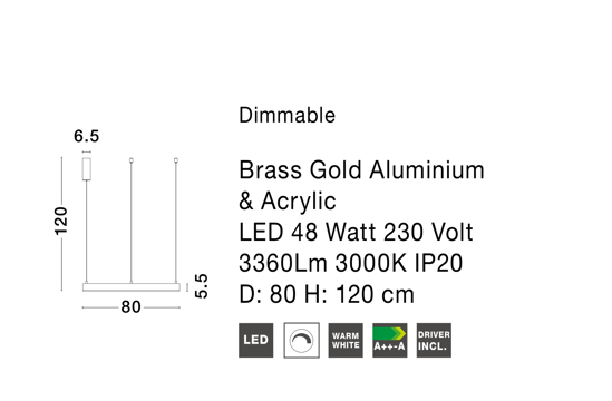 Lampadario sospensione anello oro 80cm led 48w 3000k dimmerabile