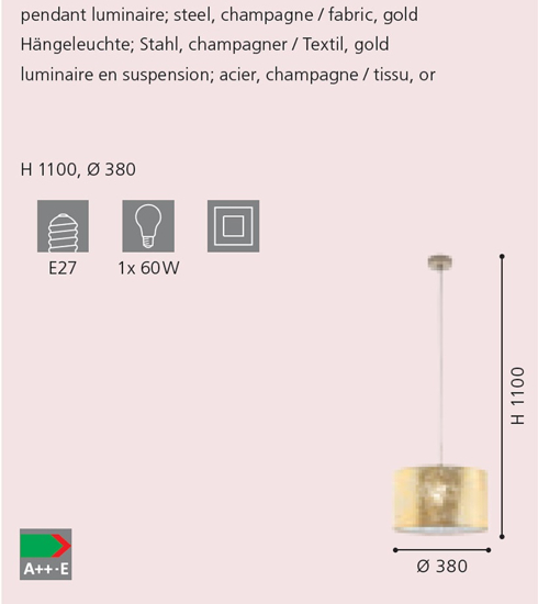 Lampada a sospensione cilindro tessuto foglia oro