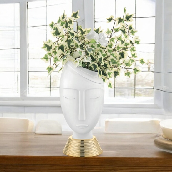 Scultura da tavolo moderna viso 45cm marmorino design bianco oro