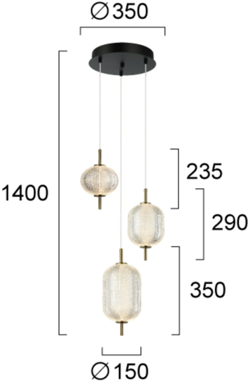 Lampadario sfere trasparneti sospese led 20w 3000k nero oro