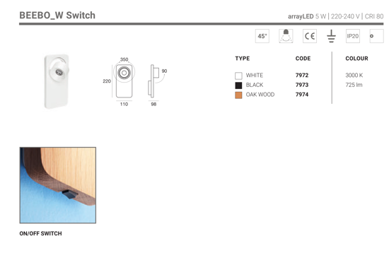 Applique da comodino in legno luce orientabile led 5w 3000k con interruttore