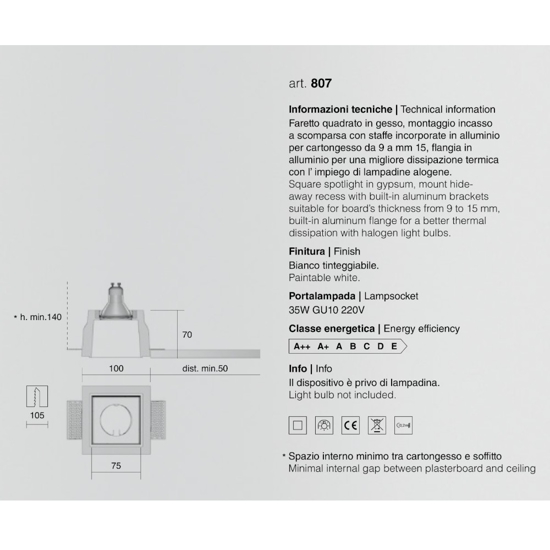 Porta faretto di gesso da incasso quadrato isyluce per controsoffitto