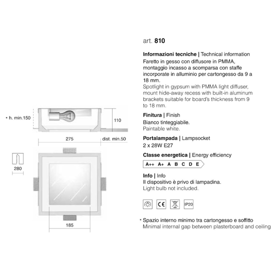 Isyluce portafaretto quadrato  di gesso da incasso a soffitto con vetro