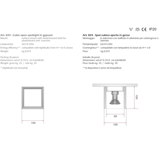 Cubo faretto sporgente quadrato da soffitto in gesso bianco