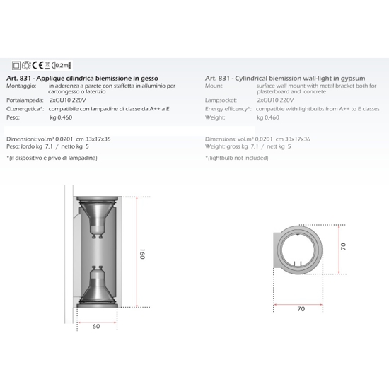 Applique di gesso isyluce per interni cilindro bianco