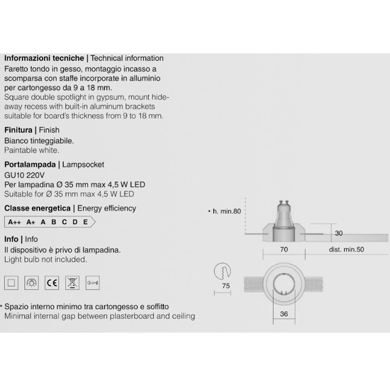 Portafaretto rotondo gesso da incasso controsoffitto