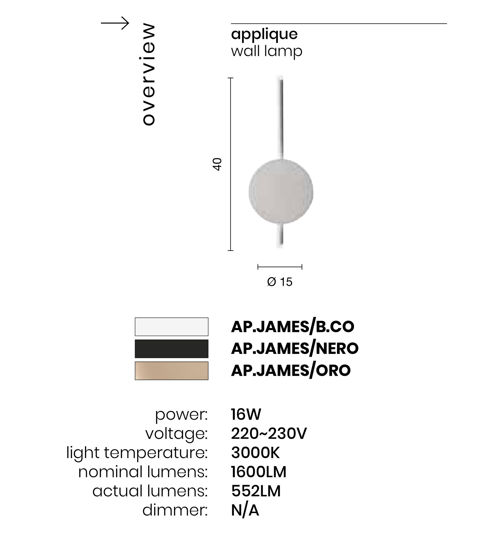 Applique led 3000k 16w nera ondaluce james design moderna