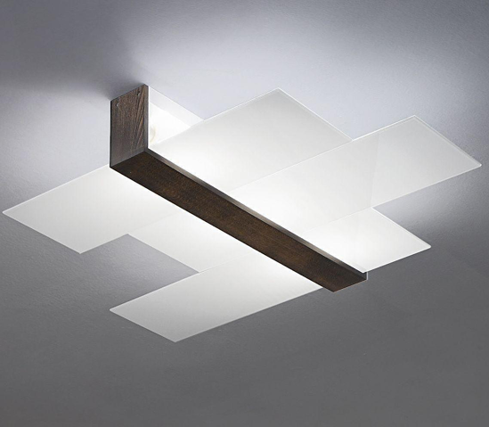 Plafoniera moderna linea light triad vetro bianco legno noce rettangolare