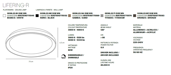 Plafoniera vivida lifering titanio rotonda led 80 3000k 4000k dimmeraile